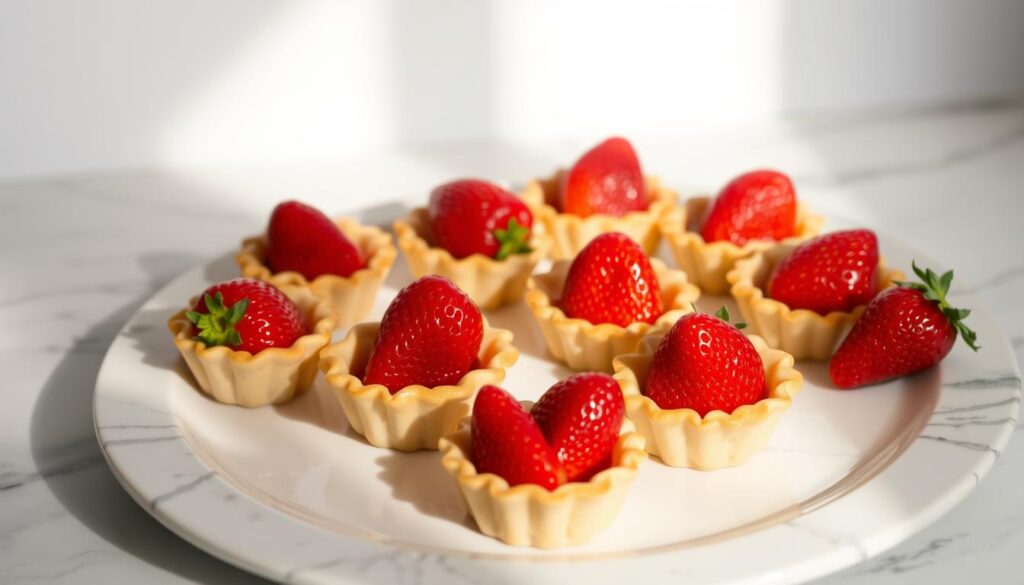 A beautifully arranged platter showcasing homemade strawberry tartlets. The delicate pastry shells are filled with vibrant red strawberries, their juices glistening under the soft, diffused lighting. The tarts are neatly presented on a marble surface, with a minimal, clean-lined background that allows the desserts to take center stage. The lighting casts gentle shadows, creating depth and dimension. The overall mood is one of elegance and simplicity, inviting the viewer to imagine the perfect texture and flavor of these irresistible treats. A beautifully arranged platter showcasing homemade strawberry tartlets. The delicate pastry shells are filled with vibrant red strawberries, their juices glistening under the soft, diffused lighting. The tarts are neatly presented on a marble surface, with a minimal, clean-lined background that allows the desserts to take center stage. The lighting casts gentle shadows, creating depth and dimension. The overall mood is one of elegance and simplicity, inviting the viewer to imagine the perfect texture and flavor of these irresistible treats.