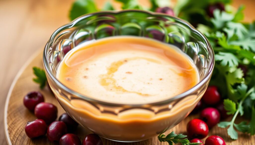 A beautifully crafted glass bowl filled with a rich, creamy dressing, its surface glistening under the soft, diffused lighting. Fresh, vibrant greens and vibrant pink cranberries are scattered around the bowl, inviting the viewer to imagine the flavors of the Cranberry Pecan Chicken Salad. The scene is captured from a slightly elevated angle, creating a sense of sophistication and attention to detail. The background is a warm, neutral tone, allowing the dressing and its accompaniments to take center stage. The overall mood is one of culinary elegance and the perfect dressing to complement the salad. A beautifully crafted glass bowl filled with a rich, creamy dressing, its surface glistening under the soft, diffused lighting. Fresh, vibrant greens and vibrant pink cranberries are scattered around the bowl, inviting the viewer to imagine the flavors of the Cranberry Pecan Chicken Salad. The scene is captured from a slightly elevated angle, creating a sense of sophistication and attention to detail. The background is a warm, neutral tone, allowing the dressing and its accompaniments to take center stage. The overall mood is one of culinary elegance and the perfect dressing to complement the salad.