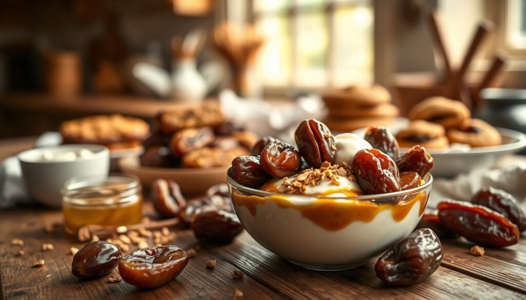 A beautifully lit close-up photograph of an assortment of date recipes displayed on a rustic wooden table. In the foreground, a warm date yogurt bowl takes center stage, surrounded by an array of complementary ingredients - plump, glistening dates, a drizzle of honey, a sprinkle of granola, and a dollop of creamy yogurt. In the middle ground, additional date-based dishes come into focus, such as date energy bars and date-filled pastries. The background is softly blurred, hinting at a cozy kitchen setting with natural light filtering in through a window. The overall mood is one of inviting simplicity and wholesome indulgence. A beautifully lit close-up photograph of an assortment of date recipes displayed on a rustic wooden table. In the foreground, a warm date yogurt bowl takes center stage, surrounded by an array of complementary ingredients - plump, glistening dates, a drizzle of honey, a sprinkle of granola, and a dollop of creamy yogurt. In the middle ground, additional date-based dishes come into focus, such as date energy bars and date-filled pastries. The background is softly blurred, hinting at a cozy kitchen setting with natural light filtering in through a window. The overall mood is one of inviting simplicity and wholesome indulgence.