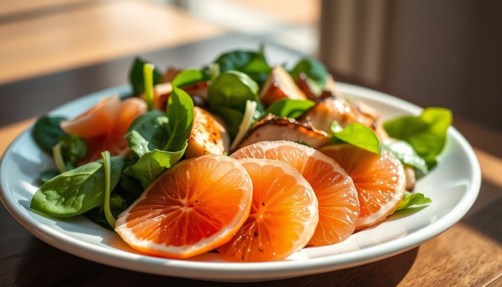 A beautifully-lit gourmet salad plate, featuring a vibrant arrangement of fresh spinach leaves, juicy grapefruit segments, and protein-rich ingredients. The salad is presented on a crisp white ceramic dish, with natural sunlight casting a warm, golden glow over the ingredients. In the foreground, translucent grapefruit slices glisten, their vibrant pink and yellow hues creating a striking contrast against the deep green of the spinach. Nestled among the greens are neatly arranged slices of grilled chicken breast or seared tuna, providing a satisfying protein boost. The entire scene exudes a sense of freshness, health, and culinary sophistication, perfectly capturing the "Making It a Meal" theme. A beautifully-lit gourmet salad plate, featuring a vibrant arrangement of fresh spinach leaves, juicy grapefruit segments, and protein-rich ingredients. The salad is presented on a crisp white ceramic dish, with natural sunlight casting a warm, golden glow over the ingredients. In the foreground, translucent grapefruit slices glisten, their vibrant pink and yellow hues creating a striking contrast against the deep green of the spinach. Nestled among the greens are neatly arranged slices of grilled chicken breast or seared tuna, providing a satisfying protein boost. The entire scene exudes a sense of freshness, health, and culinary sophistication, perfectly capturing the "Making It a Meal" theme.