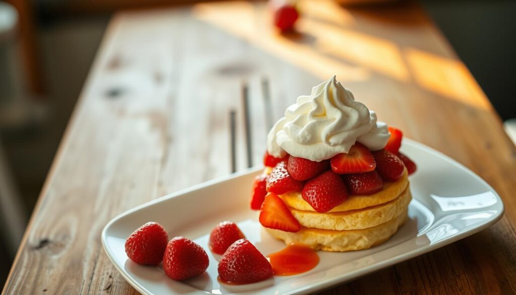 A beautifully lit, high-angle photograph showcasing a delectable strawberry shortcake dessert. In the foreground, the shortcake rests on a pristine white plate, its fluffy yellow sponge cake layers enveloped in a generous mound of fresh, ruby-red strawberries. Whipped cream dollops adorn the top, adding a creamy, cloud-like contrast. The middle ground features a rustic wooden surface, perhaps a kitchen counter or table, creating a cozy, homemade ambiance. The background is softly blurred, drawing the viewer's focus to the decadent centerpiece. Warm, natural lighting filters in, casting a gentle glow and highlighting the vibrant colors and textures of the dessert. The overall scene exudes a sense of comfort, indulgence, and the perfect balance of flavors that defines the classic strawberry shortcake. A beautifully lit, high-angle photograph showcasing a delectable strawberry shortcake dessert. In the foreground, the shortcake rests on a pristine white plate, its fluffy yellow sponge cake layers enveloped in a generous mound of fresh, ruby-red strawberries. Whipped cream dollops adorn the top, adding a creamy, cloud-like contrast. The middle ground features a rustic wooden surface, perhaps a kitchen counter or table, creating a cozy, homemade ambiance. The background is softly blurred, drawing the viewer's focus to the decadent centerpiece. Warm, natural lighting filters in, casting a gentle glow and highlighting the vibrant colors and textures of the dessert. The overall scene exudes a sense of comfort, indulgence, and the perfect balance of flavors that defines the classic strawberry shortcake.