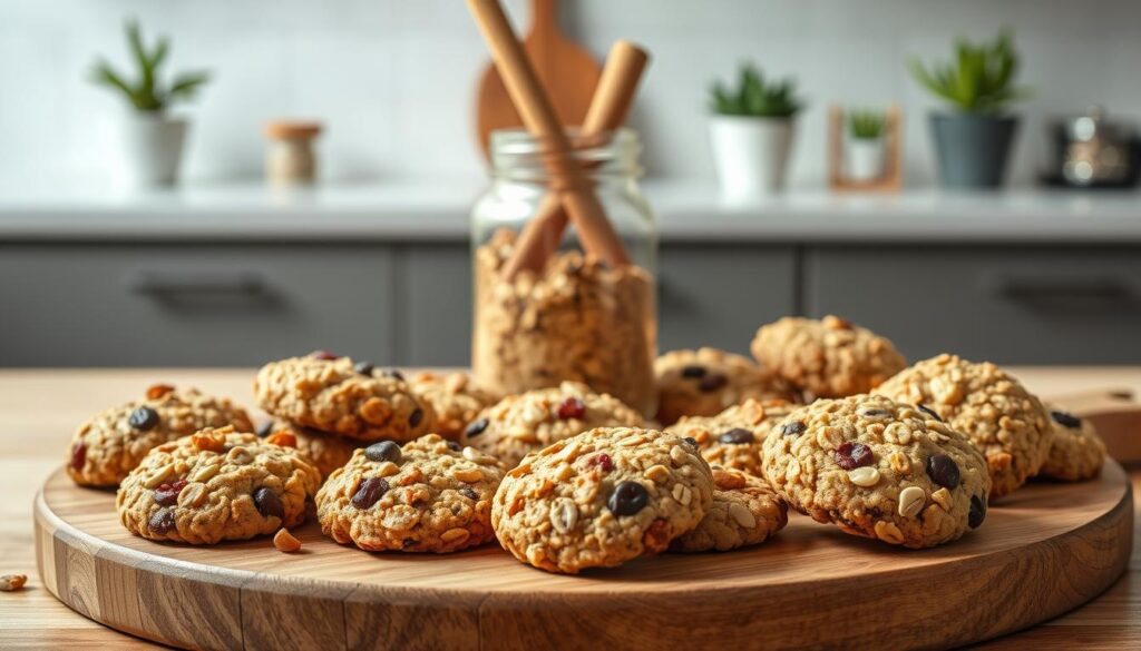 A beautifully lit kitchen scene showcasing a variety of nutritious breakfast cookie recipes. In the foreground, a wooden board displays an assortment of freshly baked cookies, each one a delightful combination of oats, nuts, seeds, and dried fruits. The cookies are artfully arranged, their textures and colors creating a visually appealing display. In the middle ground, a glass jar filled with additional cookie ingredients, such as honey, chia seeds, and cinnamon, adds depth and interest to the scene. The background features a clean, minimalist kitchen counter, with a few potted plants and a subtle, warm lighting that casts a gentle glow over the entire composition. The overall atmosphere is one of wholesome, homemade goodness, inviting the viewer to imagine the satisfying taste and nutritional benefits of these creative no-bake breakfast cookie recipes. A beautifully lit kitchen scene showcasing a variety of nutritious breakfast cookie recipes. In the foreground, a wooden board displays an assortment of freshly baked cookies, each one a delightful combination of oats, nuts, seeds, and dried fruits. The cookies are artfully arranged, their textures and colors creating a visually appealing display. In the middle ground, a glass jar filled with additional cookie ingredients, such as honey, chia seeds, and cinnamon, adds depth and interest to the scene. The background features a clean, minimalist kitchen counter, with a few potted plants and a subtle, warm lighting that casts a gentle glow over the entire composition. The overall atmosphere is one of wholesome, homemade goodness, inviting the viewer to imagine the satisfying taste and nutritional benefits of these creative no-bake breakfast cookie recipes.