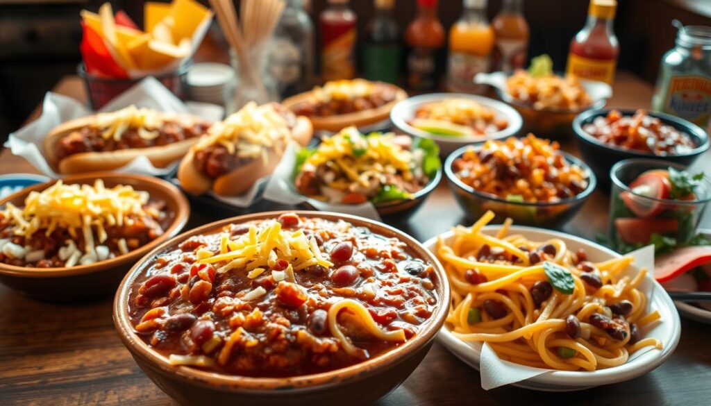 A bountiful table showcases the diverse flavors of Cincinnati chili. In the foreground, a steaming bowl of the signature dish, its rich, aromatic sauce blanketing a nest of spaghetti. Surrounding it, an array of toppings - shredded cheddar, diced onions, and a scattering of kidney beans. In the middle ground, additional variations come into view: a coney dog draped in chili and cheese, and a hearty chili mac, the noodles enveloped in the signature spiced sauce. In the background, a collage of chili-inspired accompaniments - saltine crackers, hot sauce bottles, and a crisp, fresh salad to balance the richness. Lit by warm, natural lighting, the scene captures the comforting, hometown essence of this Midwest classic. A bountiful table showcases the diverse flavors of Cincinnati chili. In the foreground, a steaming bowl of the signature dish, its rich, aromatic sauce blanketing a nest of spaghetti. Surrounding it, an array of toppings - shredded cheddar, diced onions, and a scattering of kidney beans. In the middle ground, additional variations come into view: a coney dog draped in chili and cheese, and a hearty chili mac, the noodles enveloped in the signature spiced sauce. In the background, a collage of chili-inspired accompaniments - saltine crackers, hot sauce bottles, and a crisp, fresh salad to balance the richness. Lit by warm, natural lighting, the scene captures the comforting, hometown essence of this Midwest classic.