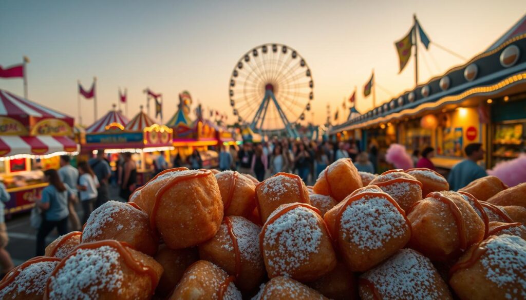 A bustling carnival scene, bathed in warm, golden light. In the foreground, an enticing array of carnival food: freshly fried funnel cake bites, dusted with powdered sugar and drizzled with sticky caramel. Surrounding them, a medley of other classic carnival treats - syrupy-sweet candied apples, sizzling corn dogs, and fluffy cotton candy in pastel hues. In the middle ground, a crowd of carnival-goers weave through vibrant game booths and ride lines, their faces aglow with excitement. In the background, a towering Ferris wheel cuts a striking silhouette against a dusky, cloudless sky. The overall atmosphere is one of joyful indulgence and nostalgic whimsy. A bustling carnival scene, bathed in warm, golden light. In the foreground, an enticing array of carnival food: freshly fried funnel cake bites, dusted with powdered sugar and drizzled with sticky caramel. Surrounding them, a medley of other classic carnival treats - syrupy-sweet candied apples, sizzling corn dogs, and fluffy cotton candy in pastel hues. In the middle ground, a crowd of carnival-goers weave through vibrant game booths and ride lines, their faces aglow with excitement. In the background, a towering Ferris wheel cuts a striking silhouette against a dusky, cloudless sky. The overall atmosphere is one of joyful indulgence and nostalgic whimsy.