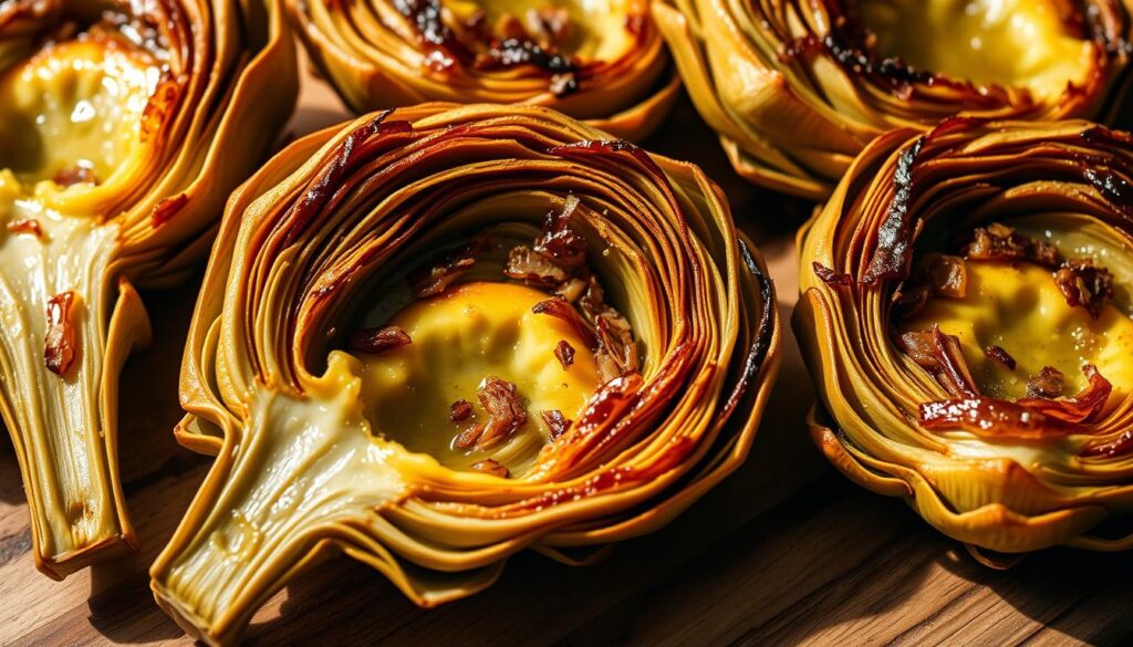 A close-up image of fresh, baked artichoke hearts on a rustic, wooden cutting board. The artichokes are golden-brown, caramelized on the edges, and glistening with a light drizzle of olive oil. The texture is crisp on the outside, yet tender and juicy on the inside. Soft shadows cast by the artichokes create a sense of depth and dimension. The lighting is warm and natural, highlighting the intricate details of the vegetable's leaves and the subtle variations in color. The overall scene evokes a cozy, homemade atmosphere, perfect for illustrating the "Baking Tips for Perfect Artichokes" section of the article. A close-up image of fresh, baked artichoke hearts on a rustic, wooden cutting board. The artichokes are golden-brown, caramelized on the edges, and glistening with a light drizzle of olive oil. The texture is crisp on the outside, yet tender and juicy on the inside. Soft shadows cast by the artichokes create a sense of depth and dimension. The lighting is warm and natural, highlighting the intricate details of the vegetable's leaves and the subtle variations in color. The overall scene evokes a cozy, homemade atmosphere, perfect for illustrating the "Baking Tips for Perfect Artichokes" section of the article.