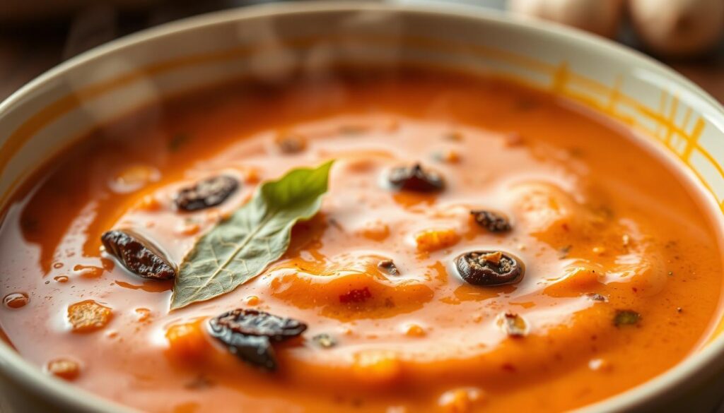A close-up photograph of a bowl containing a rich, creamy panang curry sauce. The sauce is a vibrant reddish-brown color, with a smooth, glossy texture. Flecks of dried chilies, kaffir lime leaves, and toasted spices are visible, adding depth and complexity to the dish. The sauce gently steams, indicating its warmth. The lighting is soft and diffused, casting a warm, inviting glow. The camera is positioned at a slightly low angle, emphasizing the depth and allure of the panang curry. The background is blurred, keeping the focus solely on the captivating sauce. A close-up photograph of a bowl containing a rich, creamy panang curry sauce. The sauce is a vibrant reddish-brown color, with a smooth, glossy texture. Flecks of dried chilies, kaffir lime leaves, and toasted spices are visible, adding depth and complexity to the dish. The sauce gently steams, indicating its warmth. The lighting is soft and diffused, casting a warm, inviting glow. The camera is positioned at a slightly low angle, emphasizing the depth and allure of the panang curry. The background is blurred, keeping the focus solely on the captivating sauce.