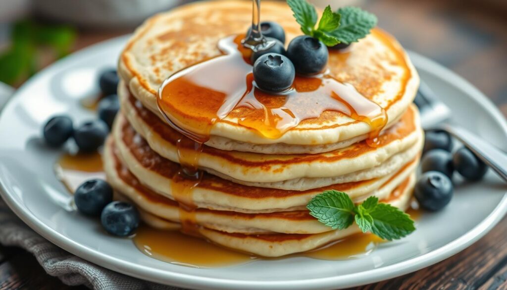 A close-up shot of a stack of fluffy, golden-brown blueberry pancakes, drizzled with a glistening maple syrup and garnished with fresh blueberries and a sprig of mint. The pancakes are arranged on a rustic wooden table, in soft, natural lighting that accentuates their texture and color. The overall scene has a warm, inviting atmosphere, evoking a cozy, homemade breakfast setting. A close-up shot of a stack of fluffy, golden-brown blueberry pancakes, drizzled with a glistening maple syrup and garnished with fresh blueberries and a sprig of mint. The pancakes are arranged on a rustic wooden table, in soft, natural lighting that accentuates their texture and color. The overall scene has a warm, inviting atmosphere, evoking a cozy, homemade breakfast setting.