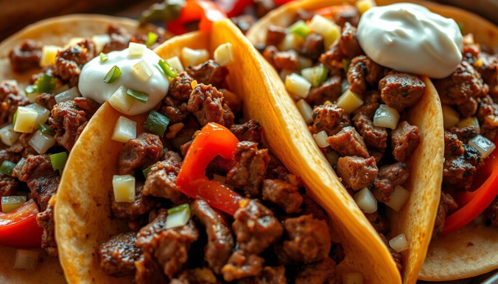 A close-up shot of a tray of freshly prepared Mexican steak tacos, captured in warm, natural lighting. The tender beef is seasoned with a blend of spices, including cumin, chili powder, and garlic, sizzling against a backdrop of vibrant red and green bell peppers. Soft, pliable corn tortillas cradle the filling, topped with a generous sprinkle of shredded cheese, diced onions, and a drizzle of creamy, tangy sour cream. The overall composition evokes the rich, flavorful essence of authentic Mexican cuisine, perfectly suited to illustrate the "Dietary Considerations for Tacos" section of the article. A close-up shot of a tray of freshly prepared Mexican steak tacos, captured in warm, natural lighting. The tender beef is seasoned with a blend of spices, including cumin, chili powder, and garlic, sizzling against a backdrop of vibrant red and green bell peppers. Soft, pliable corn tortillas cradle the filling, topped with a generous sprinkle of shredded cheese, diced onions, and a drizzle of creamy, tangy sour cream. The overall composition evokes the rich, flavorful essence of authentic Mexican cuisine, perfectly suited to illustrate the "Dietary Considerations for Tacos" section of the article.