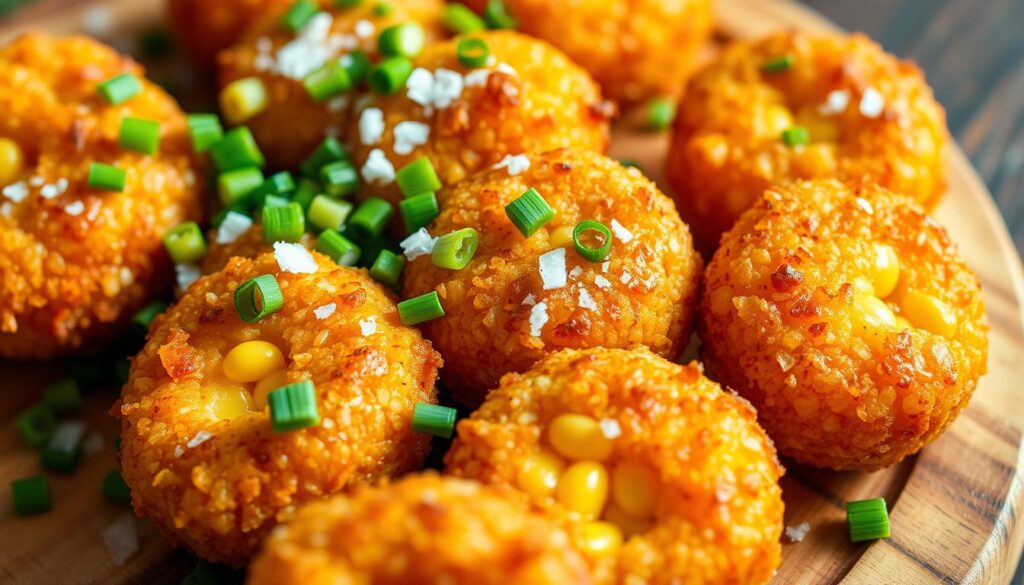 A close-up shot of glistening, golden-brown spicy corn bites, fresh from the oven. The breaded exterior gives way to a burst of juicy, sweet corn kernels infused with a subtle smoky heat. Arranged on a rustic, wooden serving board, the bites are garnished with a scattering of vibrant green chives and a sprinkling of coarse sea salt. Natural lighting casts a warm, inviting glow, highlighting the crisp texture and vibrant colors. The scene evokes a sense of homemade comfort and the irresistible aroma of Mexican-inspired flavors. A close-up shot of glistening, golden-brown spicy corn bites, fresh from the oven. The breaded exterior gives way to a burst of juicy, sweet corn kernels infused with a subtle smoky heat. Arranged on a rustic, wooden serving board, the bites are garnished with a scattering of vibrant green chives and a sprinkling of coarse sea salt. Natural lighting casts a warm, inviting glow, highlighting the crisp texture and vibrant colors. The scene evokes a sense of homemade comfort and the irresistible aroma of Mexican-inspired flavors.