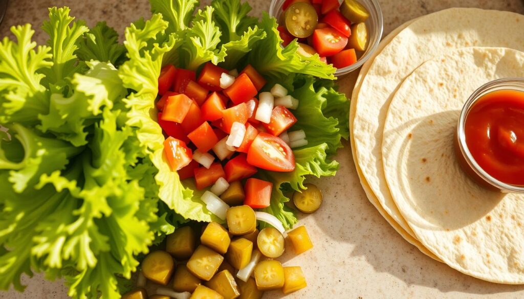 A close-up view of a kitchen counter, neatly arranged with the components for homemade Big Mac wraps. Fresh lettuce leaves, sliced tomatoes, diced onions, and pickles are carefully placed alongside lightly toasted tortilla wraps and a small bowl of special "Big Mac" sauce. The lighting is warm and natural, casting gentle shadows and highlighting the vibrant colors of the ingredients. The overall composition conveys a sense of preparation and anticipation, inviting the viewer to imagine the delicious, easy-to-assemble Big Mac wraps coming together. A close-up view of a kitchen counter, neatly arranged with the components for homemade Big Mac wraps. Fresh lettuce leaves, sliced tomatoes, diced onions, and pickles are carefully placed alongside lightly toasted tortilla wraps and a small bowl of special "Big Mac" sauce. The lighting is warm and natural, casting gentle shadows and highlighting the vibrant colors of the ingredients. The overall composition conveys a sense of preparation and anticipation, inviting the viewer to imagine the delicious, easy-to-assemble Big Mac wraps coming together.