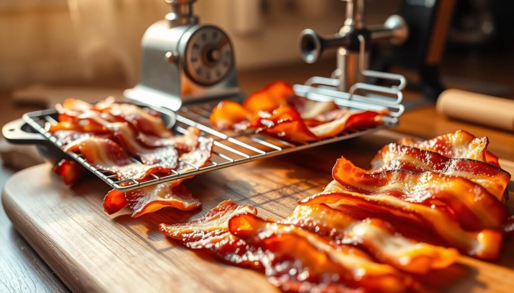 A close-up view of a wooden cutting board displaying various bacon cooking methods. In the foreground, slices of bacon are sizzling in a cast-iron skillet, bathed in warm, golden light. In the middle ground, a wire rack is filled with perfectly crispy bacon strips, while a classic manual bacon press rests nearby. In the background, a vintage meat grinder and a chef's knife suggest the preparation of the ultimate burger. The scene is illuminated by soft, natural lighting, creating a cozy, inviting atmosphere, perfect for crafting the ideal bacon for your burger. A close-up view of a wooden cutting board displaying various bacon cooking methods. In the foreground, slices of bacon are sizzling in a cast-iron skillet, bathed in warm, golden light. In the middle ground, a wire rack is filled with perfectly crispy bacon strips, while a classic manual bacon press rests nearby. In the background, a vintage meat grinder and a chef's knife suggest the preparation of the ultimate burger. The scene is illuminated by soft, natural lighting, creating a cozy, inviting atmosphere, perfect for crafting the ideal bacon for your burger.