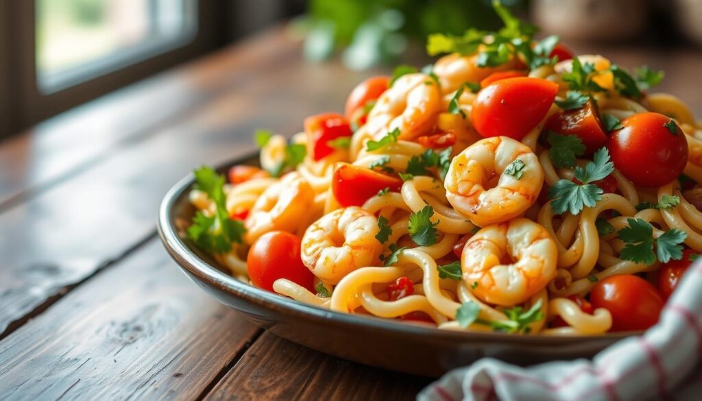 A colorful and inviting Cajun-inspired pasta salad, with a variety of fresh vegetables, tender shrimp, and a zesty Creole-seasoned vinaigrette dressing. The salad is artfully arranged on a rustic wooden table, with a backdrop of natural light filtering through a window. The vibrant colors of the bell peppers, cherry tomatoes, and chopped parsley create a visually appealing and appetizing scene. The camera angle is slightly elevated, capturing the depth and layers of the dish, inviting the viewer to imagine customizing the recipe to their own taste preferences. A colorful and inviting Cajun-inspired pasta salad, with a variety of fresh vegetables, tender shrimp, and a zesty Creole-seasoned vinaigrette dressing. The salad is artfully arranged on a rustic wooden table, with a backdrop of natural light filtering through a window. The vibrant colors of the bell peppers, cherry tomatoes, and chopped parsley create a visually appealing and appetizing scene. The camera angle is slightly elevated, capturing the depth and layers of the dish, inviting the viewer to imagine customizing the recipe to their own taste preferences.