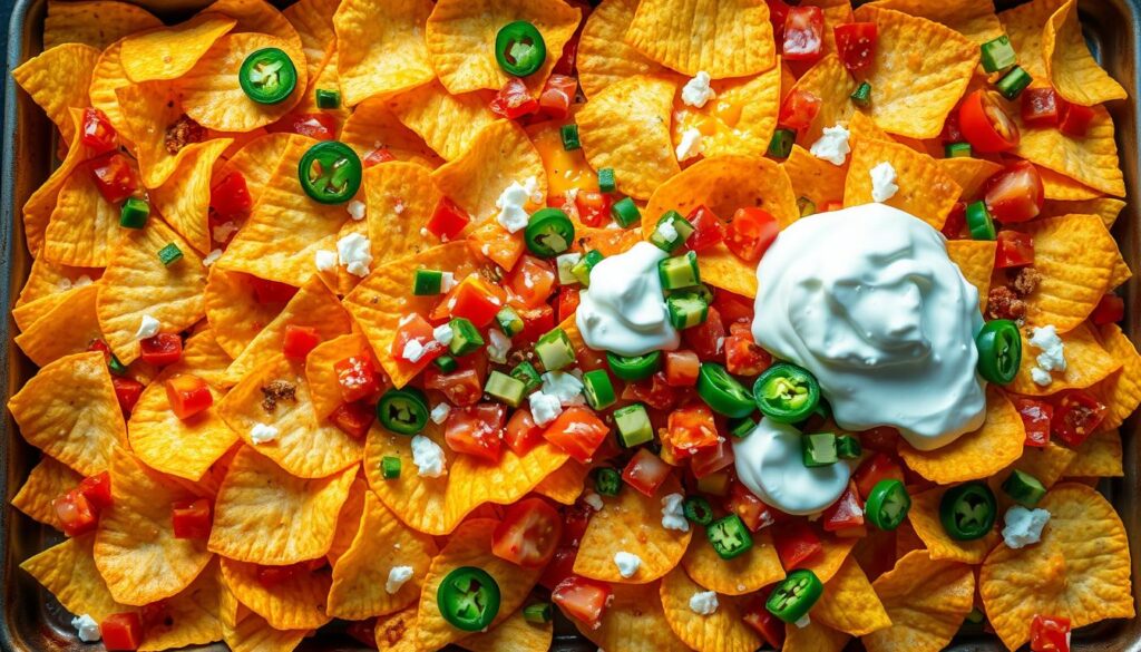 A delectable arrangement of crisp tortilla chips, blanketed in a melted blend of gooey cheddar and spicy jalapeños, garnished with juicy tomatoes, creamy avocado, and tangy sour cream. The chips are evenly distributed across a large, rimmed baking sheet, catching the warm, golden glow of overhead lighting. The scene is captured from a high, birds-eye angle, showcasing the inviting layers of flavors and textures that make these sheet pan nachos a truly mouthwatering creation, perfect for a cozy night in or a lively gathering. A delectable arrangement of crisp tortilla chips, blanketed in a melted blend of gooey cheddar and spicy jalapeños, garnished with juicy tomatoes, creamy avocado, and tangy sour cream. The chips are evenly distributed across a large, rimmed baking sheet, catching the warm, golden glow of overhead lighting. The scene is captured from a high, birds-eye angle, showcasing the inviting layers of flavors and textures that make these sheet pan nachos a truly mouthwatering creation, perfect for a cozy night in or a lively gathering.