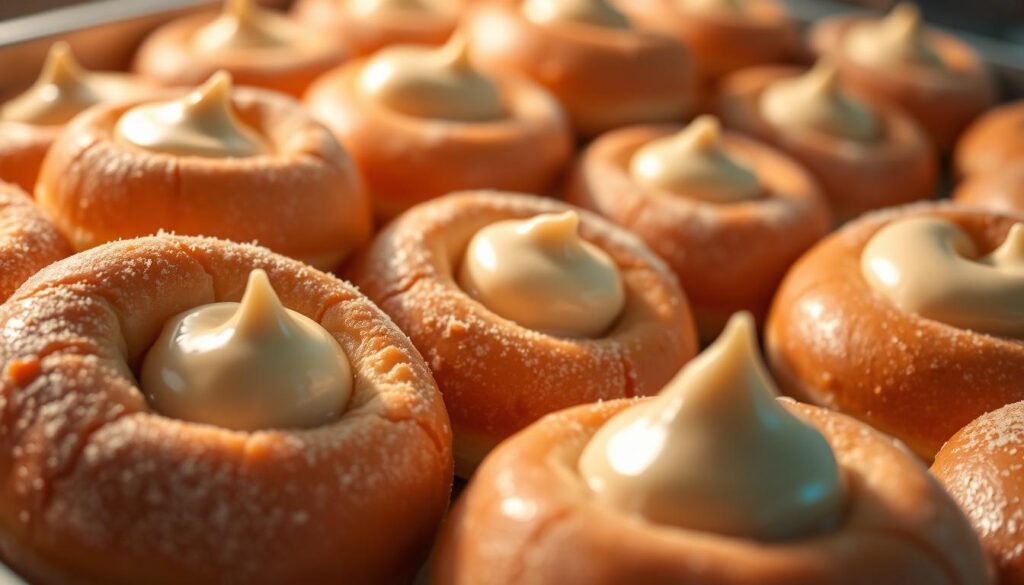A delectable arrangement of freshly fried cream-filled bomboloni, their golden-brown exterior glistening under soft, warm lighting. The pillowy-soft donuts are meticulously piped with a luscious, creamy custard filling, its rich vanilla notes tantalizing the senses. The scene is captured from a slightly elevated angle, allowing the viewer to admire the appetizing details - the subtle sheen of the sugar dusting, the inviting cracks and crevices on the dough's surface. The background is softly blurred, maintaining focus on the star of the composition - the tempting cream-filled bomboloni, ready to be savored. A delectable arrangement of freshly fried cream-filled bomboloni, their golden-brown exterior glistening under soft, warm lighting. The pillowy-soft donuts are meticulously piped with a luscious, creamy custard filling, its rich vanilla notes tantalizing the senses. The scene is captured from a slightly elevated angle, allowing the viewer to admire the appetizing details - the subtle sheen of the sugar dusting, the inviting cracks and crevices on the dough's surface. The background is softly blurred, maintaining focus on the star of the composition - the tempting cream-filled bomboloni, ready to be savored.