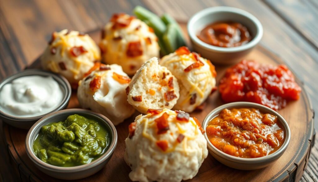 A delectable arrangement of keto-friendly cheese balls, elegantly presented on a rustic wooden board. The spheres, crafted with a creamy cheddar and crisp bacon, glisten under a soft, natural light. Surrounding them are various dipping sauces, each with its own distinct flavor profile - a vibrant green herb dip, a rich and tangy sour cream, and a zesty red pepper spread. The composition is balanced, drawing the eye to the harmonious interplay of textures and colors. The mood is one of indulgence and health-conscious delight, inviting the viewer to savor each bite of this low-carb culinary creation. A delectable arrangement of keto-friendly cheese balls, elegantly presented on a rustic wooden board. The spheres, crafted with a creamy cheddar and crisp bacon, glisten under a soft, natural light. Surrounding them are various dipping sauces, each with its own distinct flavor profile - a vibrant green herb dip, a rich and tangy sour cream, and a zesty red pepper spread. The composition is balanced, drawing the eye to the harmonious interplay of textures and colors. The mood is one of indulgence and health-conscious delight, inviting the viewer to savor each bite of this low-carb culinary creation.