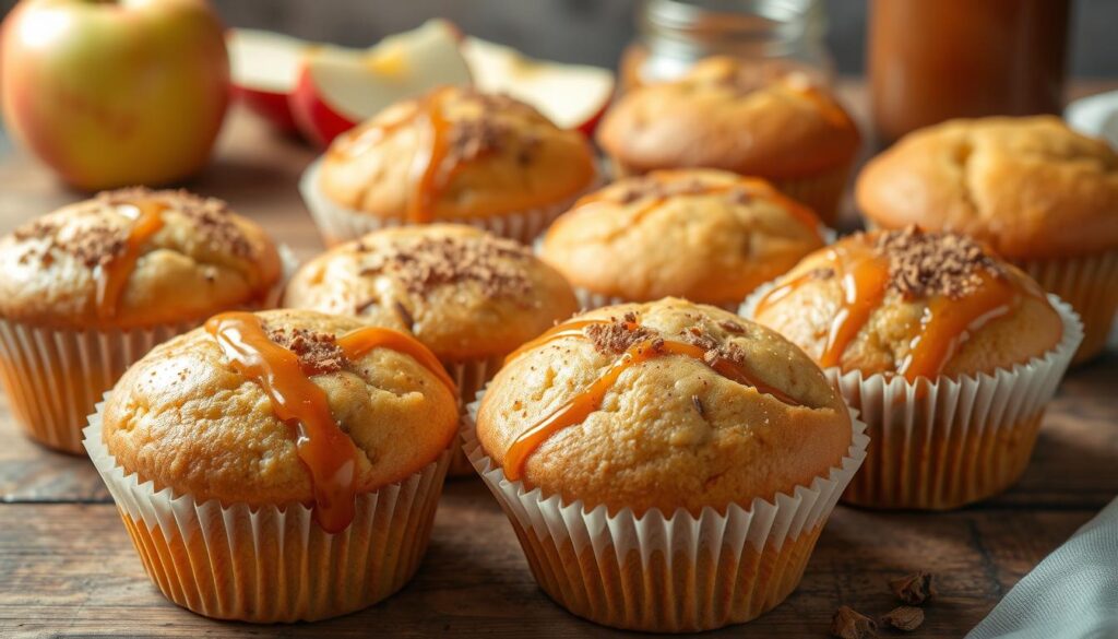 A delectable assortment of freshly baked applesauce muffins, their golden-brown tops glistening under the warm glow of soft, diffused lighting. The muffins are arranged on a rustic wooden surface, their fluffy interiors visible through the paper liners. Sprinkled atop the muffins are a dusting of cinnamon and a drizzle of caramel, adding depth and complexity to the flavors. In the background, a few apple slices and a small jar of applesauce lend a sense of homemade authenticity to the scene. The overall composition evokes a cozy, inviting atmosphere, perfectly capturing the spirit of "Creative Ways to Enjoy Applesauce Muffins." A delectable assortment of freshly baked applesauce muffins, their golden-brown tops glistening under the warm glow of soft, diffused lighting. The muffins are arranged on a rustic wooden surface, their fluffy interiors visible through the paper liners. Sprinkled atop the muffins are a dusting of cinnamon and a drizzle of caramel, adding depth and complexity to the flavors. In the background, a few apple slices and a small jar of applesauce lend a sense of homemade authenticity to the scene. The overall composition evokes a cozy, inviting atmosphere, perfectly capturing the spirit of "Creative Ways to Enjoy Applesauce Muffins."