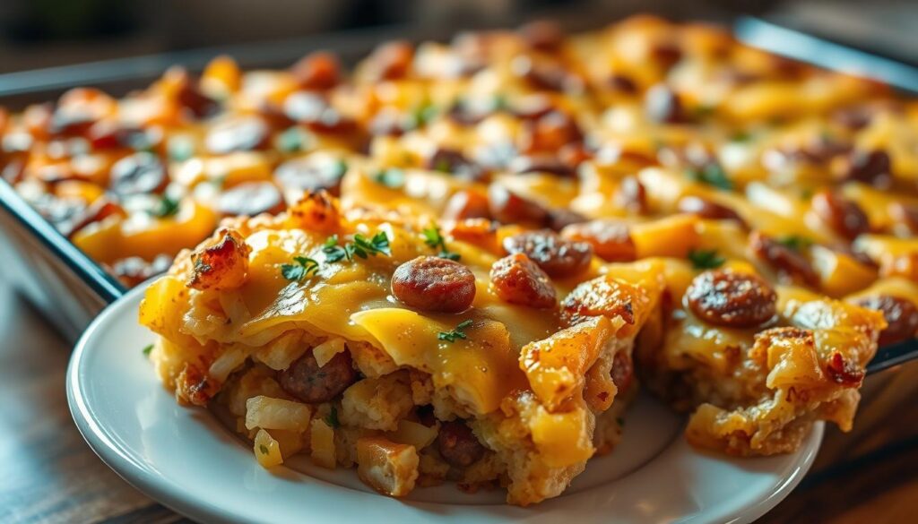 A delectable hash brown breakfast casserole, brimming with crispy potatoes, savory sausage, melted cheddar, and aromatic herbs. The casserole fills the frame, its golden-brown surface glistening under warm, soft lighting, casting inviting shadows that highlight its hearty texture. In the foreground, a serving is plated, its layers of ingredients visible, tempting the viewer to dive in. The background is blurred, keeping the focus on the casserole's mouthwatering details. The overall scene evokes a cozy, comforting atmosphere, perfectly capturing the essence of a "Cracked Out Hash Brown Breakfast Casserole." A delectable hash brown breakfast casserole, brimming with crispy potatoes, savory sausage, melted cheddar, and aromatic herbs. The casserole fills the frame, its golden-brown surface glistening under warm, soft lighting, casting inviting shadows that highlight its hearty texture. In the foreground, a serving is plated, its layers of ingredients visible, tempting the viewer to dive in. The background is blurred, keeping the focus on the casserole's mouthwatering details. The overall scene evokes a cozy, comforting atmosphere, perfectly capturing the essence of a "Cracked Out Hash Brown Breakfast Casserole."
