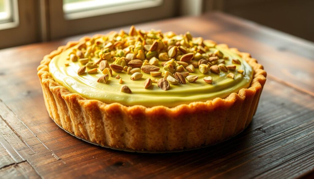 A delectable pistachio cream pie rests on a rustic wooden table, its flaky crust a golden-brown hue. Atop the pie, a luscious layer of vibrant green pistachio cream is crowned with a scattering of chopped pistachios, their rich, nutty aroma filling the air. The lighting is soft and warm, casting a gentle glow on the pie's surface, accentuating its inviting texture. In the background, a window allows natural daylight to filter in, creating a serene, cozy atmosphere. The overall scene exudes a sense of homemade comfort and indulgence, perfectly suited to illustrate the "Best Serving Suggestions" for this delightful pistachio pudding pie. A delectable pistachio cream pie rests on a rustic wooden table, its flaky crust a golden-brown hue. Atop the pie, a luscious layer of vibrant green pistachio cream is crowned with a scattering of chopped pistachios, their rich, nutty aroma filling the air. The lighting is soft and warm, casting a gentle glow on the pie's surface, accentuating its inviting texture. In the background, a window allows natural daylight to filter in, creating a serene, cozy atmosphere. The overall scene exudes a sense of homemade comfort and indulgence, perfectly suited to illustrate the "Best Serving Suggestions" for this delightful pistachio pudding pie.