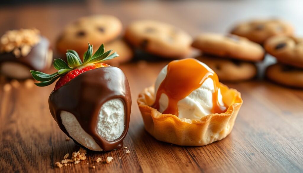 A delectable spread of decadent dessert pairings, elegantly arranged on a wooden tabletop. In the foreground, a luscious chocolate-dipped strawberry sits atop a fluffy marshmallow, complemented by a sprinkle of crushed graham crackers. In the middle ground, a creamy scoop of vanilla bean ice cream is drizzled with a glossy caramel sauce, accompanied by a flaky, golden-brown pastry shell. In the background, a selection of freshly baked cookies, their crisp edges and gooey centers beckoning to be savored. Soft, warm lighting casts a gentle glow, enhancing the rich colors and textures of this irresistible dessert display. A delectable spread of decadent dessert pairings, elegantly arranged on a wooden tabletop. In the foreground, a luscious chocolate-dipped strawberry sits atop a fluffy marshmallow, complemented by a sprinkle of crushed graham crackers. In the middle ground, a creamy scoop of vanilla bean ice cream is drizzled with a glossy caramel sauce, accompanied by a flaky, golden-brown pastry shell. In the background, a selection of freshly baked cookies, their crisp edges and gooey centers beckoning to be savored. Soft, warm lighting casts a gentle glow, enhancing the rich colors and textures of this irresistible dessert display.