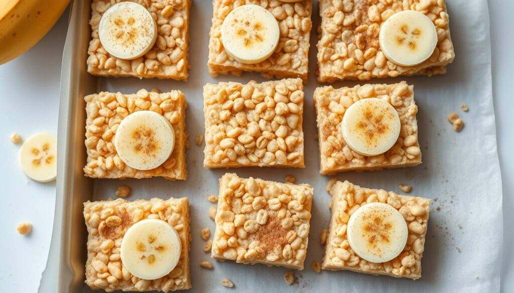 A delectable tray of homemade, healthier Rice Krispie treats, featuring a golden-brown top and a soft, chewy texture. The treats are made with a blend of brown rice cereal, rolled oats, and a drizzle of honey, creating a nutritious twist on the classic recipe. Garnished with fresh banana slices and a light dusting of cinnamon, the treats emit a warm, inviting aroma. The scene is captured in soft, natural lighting, showcasing the treats' appetizing appearance against a clean, minimalist background, accentuating their wholesome appeal. A delectable tray of homemade, healthier Rice Krispie treats, featuring a golden-brown top and a soft, chewy texture. The treats are made with a blend of brown rice cereal, rolled oats, and a drizzle of honey, creating a nutritious twist on the classic recipe. Garnished with fresh banana slices and a light dusting of cinnamon, the treats emit a warm, inviting aroma. The scene is captured in soft, natural lighting, showcasing the treats' appetizing appearance against a clean, minimalist background, accentuating their wholesome appeal.