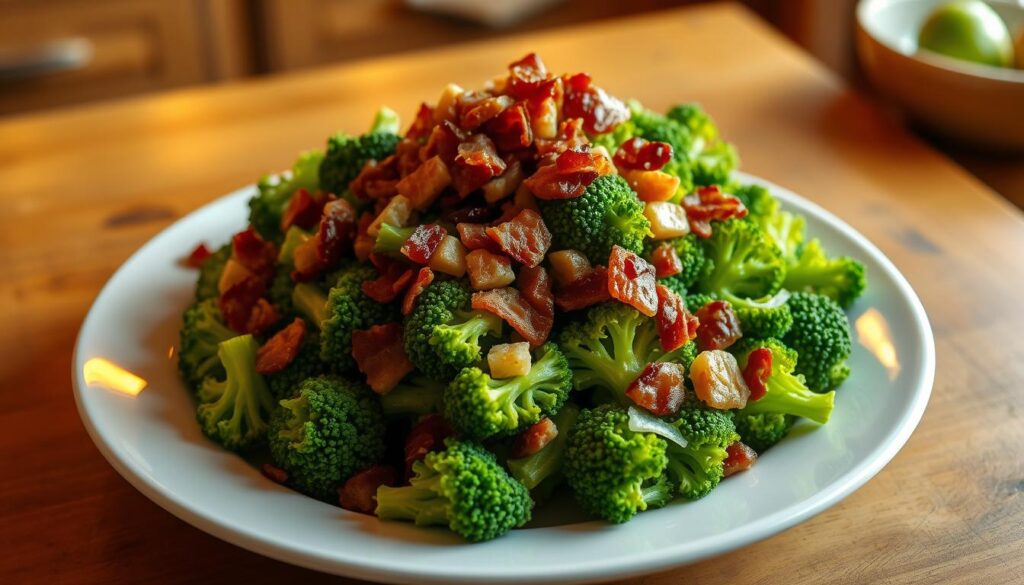 A delightful broccoli salad with crisp bacon bits takes center stage, its vibrant green florets glistening under the warm, golden light of a cozy kitchen. The salad is artfully arranged on a white porcelain plate, the textures and colors creating a visually appealing and appetizing scene. In the background, a simple wooden table sets the stage, with hints of natural grain visible. The overall composition exudes a sense of homely, rustic charm, inviting the viewer to imagine themselves savoring this nourishing and flavorful dish. A delightful broccoli salad with crisp bacon bits takes center stage, its vibrant green florets glistening under the warm, golden light of a cozy kitchen. The salad is artfully arranged on a white porcelain plate, the textures and colors creating a visually appealing and appetizing scene. In the background, a simple wooden table sets the stage, with hints of natural grain visible. The overall composition exudes a sense of homely, rustic charm, inviting the viewer to imagine themselves savoring this nourishing and flavorful dish.