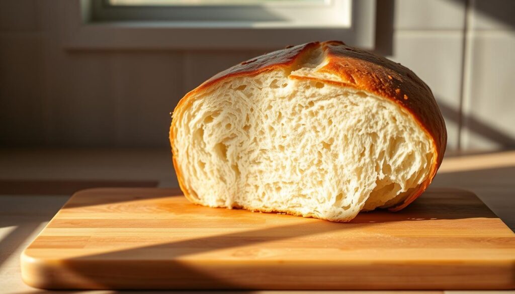 A freshly baked loaf of white bread resting on a wooden cutting board, its crust glistening in the soft, natural lighting. The steaming, pillowy interior is slowly cooling, the aroma of yeast and warmth wafting through the air. Shadows from the overhead window cast a gentle, golden glow, highlighting the delicate texture of the crumb. The scene is serene and inviting, capturing the moment when the bread is ready to be sliced and savored, a testament to the care and skill of the home baker. A freshly baked loaf of white bread resting on a wooden cutting board, its crust glistening in the soft, natural lighting. The steaming, pillowy interior is slowly cooling, the aroma of yeast and warmth wafting through the air. Shadows from the overhead window cast a gentle, golden glow, highlighting the delicate texture of the crumb. The scene is serene and inviting, capturing the moment when the bread is ready to be sliced and savored, a testament to the care and skill of the home baker.