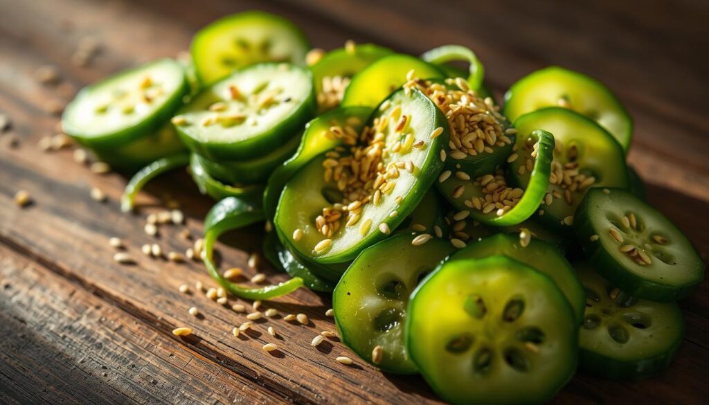A freshly prepared cucumber salad with an abundance of sesame seeds, arranged on a rustic wooden table. The vibrant green slices are dressed in a light, tangy sesame-based vinaigrette, creating a visually appealing and appetizing composition. Soft, diffused lighting from the side gently illuminates the scene, casting subtle shadows and highlighting the salad's textures and colors. The overall mood is one of simplicity and elegance, inviting the viewer to imagine the refreshing flavors and crisp texture of this delightful Asian-inspired dish. A freshly prepared cucumber salad with an abundance of sesame seeds, arranged on a rustic wooden table. The vibrant green slices are dressed in a light, tangy sesame-based vinaigrette, creating a visually appealing and appetizing composition. Soft, diffused lighting from the side gently illuminates the scene, casting subtle shadows and highlighting the salad's textures and colors. The overall mood is one of simplicity and elegance, inviting the viewer to imagine the refreshing flavors and crisp texture of this delightful Asian-inspired dish.