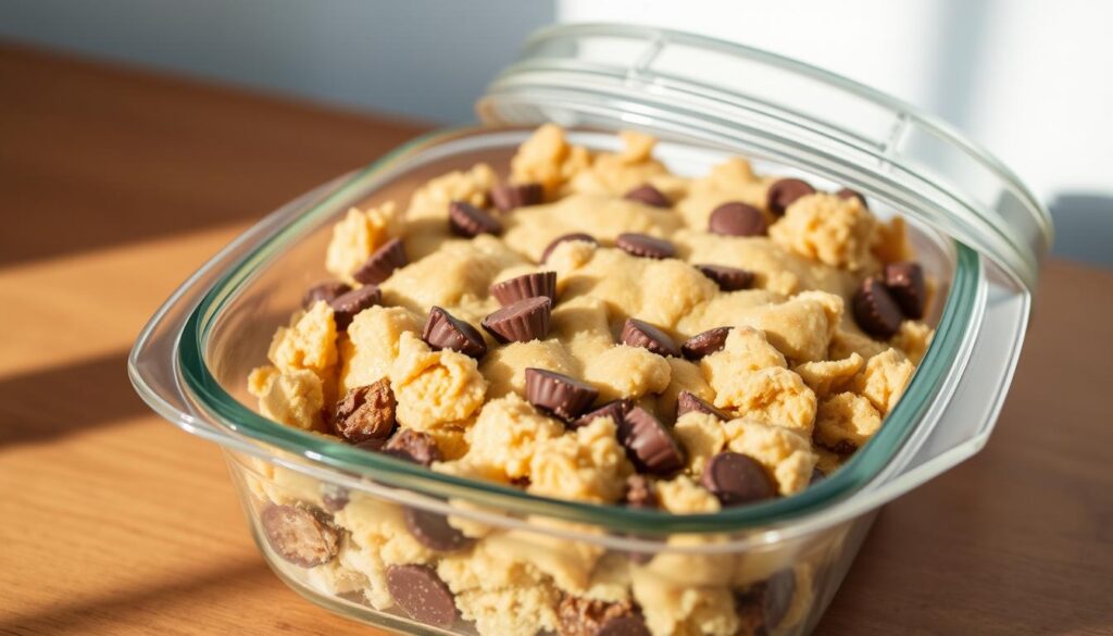 A glass container filled with leftover peanut butter cup dump cake, nestled on a wooden table. Soft, golden cake crumbs speckled with gooey chocolate and peanut butter swirls. Gentle side lighting casts warm shadows, highlighting the rich textures. The container's lid sits slightly ajar, inviting a tempting peek at the well-preserved dessert. A clean, minimalist background allows the delectable confection to take center stage. Precise focus draws the viewer's attention to the enticing layers, capturing the essence of storing this decadent treat for later enjoyment. A glass container filled with leftover peanut butter cup dump cake, nestled on a wooden table. Soft, golden cake crumbs speckled with gooey chocolate and peanut butter swirls. Gentle side lighting casts warm shadows, highlighting the rich textures. The container's lid sits slightly ajar, inviting a tempting peek at the well-preserved dessert. A clean, minimalist background allows the delectable confection to take center stage. Precise focus draws the viewer's attention to the enticing layers, capturing the essence of storing this decadent treat for later enjoyment.