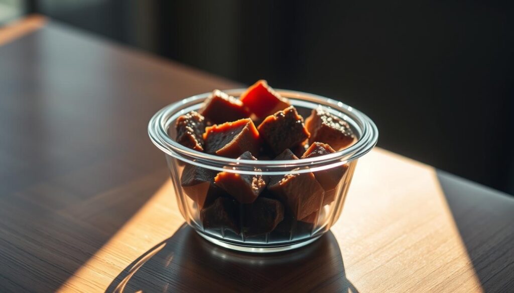 A gleaming glass container filled with savory steak bites, bathed in a warm glow. The container rests on a polished wooden table, casting gentle shadows. The bites are arranged in an artful pattern, their tender surface catching the light and inviting closer inspection. The background is softly blurred, allowing the container to take center stage. The lighting is natural yet dramatic, creating a sense of sophisticated simplicity. The overall mood is one of culinary elegance and thoughtful presentation, hinting at the delicious flavors to come. A gleaming glass container filled with savory steak bites, bathed in a warm glow. The container rests on a polished wooden table, casting gentle shadows. The bites are arranged in an artful pattern, their tender surface catching the light and inviting closer inspection. The background is softly blurred, allowing the container to take center stage. The lighting is natural yet dramatic, creating a sense of sophisticated simplicity. The overall mood is one of culinary elegance and thoughtful presentation, hinting at the delicious flavors to come.