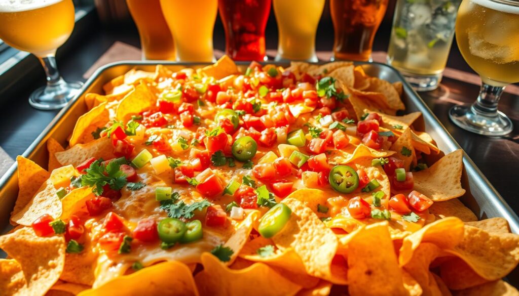 A gleaming sheet pan filled with perfectly crisp tortilla chips, layered with melted cheddar and pepper jack cheeses, garnished with vibrant diced tomatoes, jalapeños, and freshly chopped cilantro. The light casts warm shadows, highlighting the dynamic textures and mouthwatering details. In the background, a selection of colorful beverages - from golden amber beers to sparkling craft cocktails - stand ready to complement the savory, indulgent flavors of the nachos. The overall scene radiates a casual, convivial atmosphere, inviting the viewer to imagine themselves enjoying this delightful pairing. A gleaming sheet pan filled with perfectly crisp tortilla chips, layered with melted cheddar and pepper jack cheeses, garnished with vibrant diced tomatoes, jalapeños, and freshly chopped cilantro. The light casts warm shadows, highlighting the dynamic textures and mouthwatering details. In the background, a selection of colorful beverages - from golden amber beers to sparkling craft cocktails - stand ready to complement the savory, indulgent flavors of the nachos. The overall scene radiates a casual, convivial atmosphere, inviting the viewer to imagine themselves enjoying this delightful pairing.