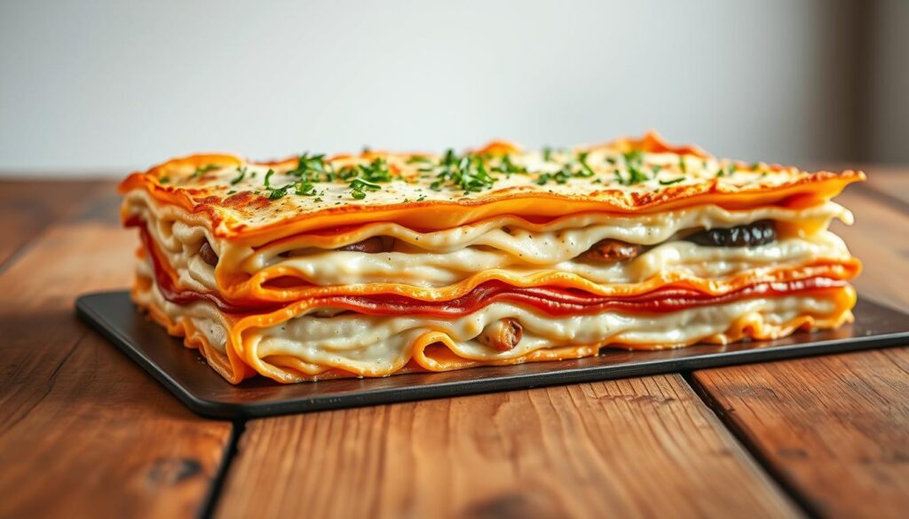 A gourmet seafood lasagna presented on a rustic wooden table, illuminated by warm, golden lighting. In the foreground, thick layers of creamy béchamel, tender seafood, and fragrant herbs are neatly arranged, creating a visually stunning display. The middle ground showcases a flawlessly baked lasagna, its edges crisp and golden, while the background features a minimalist, clean setting with a neutral color palette to accentuate the dish. The overall composition evokes a sense of elegance and culinary expertise, inviting the viewer to savor the mouthwatering presentation. A gourmet seafood lasagna presented on a rustic wooden table, illuminated by warm, golden lighting. In the foreground, thick layers of creamy béchamel, tender seafood, and fragrant herbs are neatly arranged, creating a visually stunning display. The middle ground showcases a flawlessly baked lasagna, its edges crisp and golden, while the background features a minimalist, clean setting with a neutral color palette to accentuate the dish. The overall composition evokes a sense of elegance and culinary expertise, inviting the viewer to savor the mouthwatering presentation.