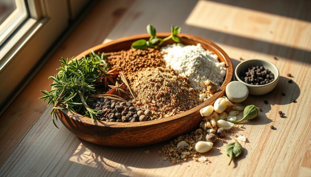 A high-resolution, realistic close-up image of a variety of dried herbs and spices arranged in a rustic wooden bowl, casting soft shadows on a lightly distressed wooden table. The composition features an array of fragrant seasonings including thyme, rosemary, garlic powder, onion flakes, black pepper, and a few crumbled bay leaves, all illuminated by warm, natural lighting from a window to the left, creating a cozy, inviting atmosphere perfect for enhancing the flavors of a delicious turkey club sandwich. A high-resolution, realistic close-up image of a variety of dried herbs and spices arranged in a rustic wooden bowl, casting soft shadows on a lightly distressed wooden table. The composition features an array of fragrant seasonings including thyme, rosemary, garlic powder, onion flakes, black pepper, and a few crumbled bay leaves, all illuminated by warm, natural lighting from a window to the left, creating a cozy, inviting atmosphere perfect for enhancing the flavors of a delicious turkey club sandwich.
