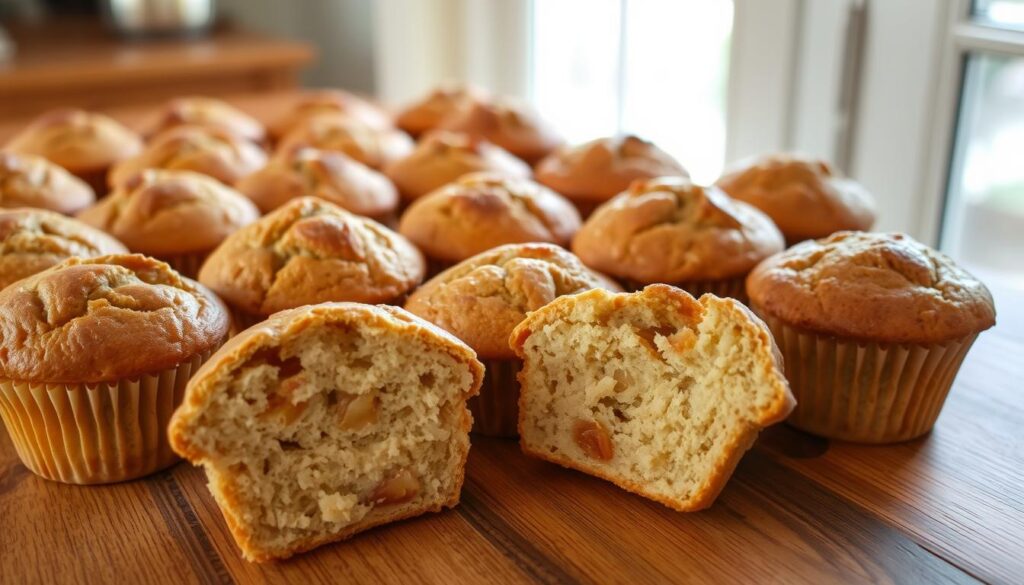 A large, freshly baked batch of applesauce muffins sits on a wooden table, filling the air with the warm, comforting aroma of cinnamon and brown sugar. The muffins have a golden-brown, evenly domed tops and a delicate, moist crumb. A few of the muffins have been split open, revealing the light, fluffy interior and the flecks of applesauce within. Soft natural light filters in through a nearby window, casting a gentle glow on the muffins and creating subtle shadows that accentuate their textured surfaces. The overall scene conveys a sense of homemade comfort and invites the viewer to imagine biting into one of these delectable, apple-infused treats. A large, freshly baked batch of applesauce muffins sits on a wooden table, filling the air with the warm, comforting aroma of cinnamon and brown sugar. The muffins have a golden-brown, evenly domed tops and a delicate, moist crumb. A few of the muffins have been split open, revealing the light, fluffy interior and the flecks of applesauce within. Soft natural light filters in through a nearby window, casting a gentle glow on the muffins and creating subtle shadows that accentuate their textured surfaces. The overall scene conveys a sense of homemade comfort and invites the viewer to imagine biting into one of these delectable, apple-infused treats.