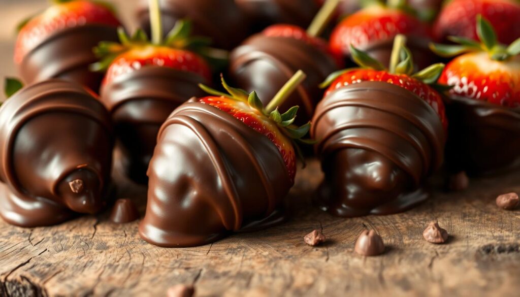 A luscious arrangement of glistening chocolate-dipped strawberries, each decadent morsel resting on a rustic wooden surface. The berries, plump and juicy, are coated in a rich, velvety chocolate that gently reflects the warm, natural lighting. The scene is captured in a close-up perspective, emphasizing the intricate details and textures of the ingredients. The overall atmosphere is one of indulgence and temptation, inviting the viewer to savor the delightful contrast of the sweet, juicy fruit and the luscious, creamy chocolate. A luscious arrangement of glistening chocolate-dipped strawberries, each decadent morsel resting on a rustic wooden surface. The berries, plump and juicy, are coated in a rich, velvety chocolate that gently reflects the warm, natural lighting. The scene is captured in a close-up perspective, emphasizing the intricate details and textures of the ingredients. The overall atmosphere is one of indulgence and temptation, inviting the viewer to savor the delightful contrast of the sweet, juicy fruit and the luscious, creamy chocolate.