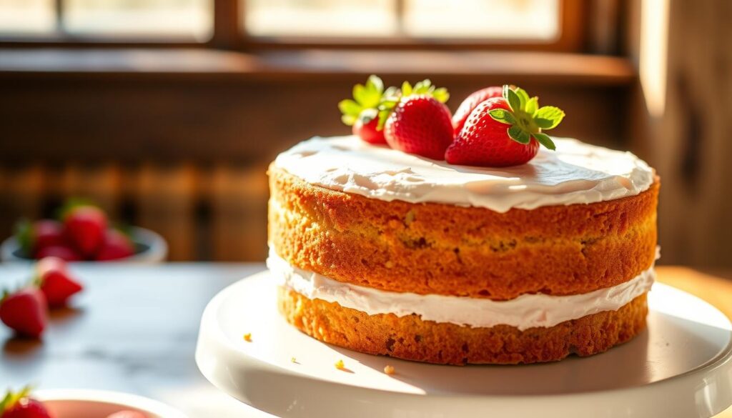 A mouthwatering fresh strawberry cake sits on a pristine white cake stand, adorned with an elegant garnish of vibrant red strawberries. The cake's soft, spongy texture is revealed in close-up, the delicate crumb and creamy frosting inviting a taste. Warm, natural light filters through a window, casting a golden glow and creating subtle shadows that accentuate the cake's luscious details. The scene exudes a sense of homemade comfort and artisanal craftsmanship, perfectly capturing the essence of "Assembling Your Fresh Strawberry Cake". A mouthwatering fresh strawberry cake sits on a pristine white cake stand, adorned with an elegant garnish of vibrant red strawberries. The cake's soft, spongy texture is revealed in close-up, the delicate crumb and creamy frosting inviting a taste. Warm, natural light filters through a window, casting a golden glow and creating subtle shadows that accentuate the cake's luscious details. The scene exudes a sense of homemade comfort and artisanal craftsmanship, perfectly capturing the essence of "Assembling Your Fresh Strawberry Cake".