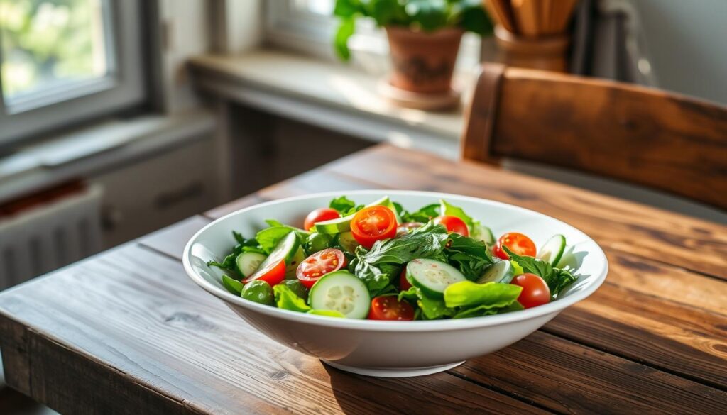 A mouthwatering homemade salad rests on a rustic wooden table, vibrant greens and crisp vegetables arranged artfully. Slices of cucumber, snap peas, and cherry tomatoes create a visually striking composition, complemented by a light vinaigrette dressing. Soft natural lighting filters through a nearby window, casting a warm glow over the scene. The salad is presented in a simple, elegant white serving bowl, exuding a sense of freshness and health. The overall mood is one of effortless simplicity, inviting the viewer to imagine enjoying this nourishing, make-ahead dish. A mouthwatering homemade salad rests on a rustic wooden table, vibrant greens and crisp vegetables arranged artfully. Slices of cucumber, snap peas, and cherry tomatoes create a visually striking composition, complemented by a light vinaigrette dressing. Soft natural lighting filters through a nearby window, casting a warm glow over the scene. The salad is presented in a simple, elegant white serving bowl, exuding a sense of freshness and health. The overall mood is one of effortless simplicity, inviting the viewer to imagine enjoying this nourishing, make-ahead dish.