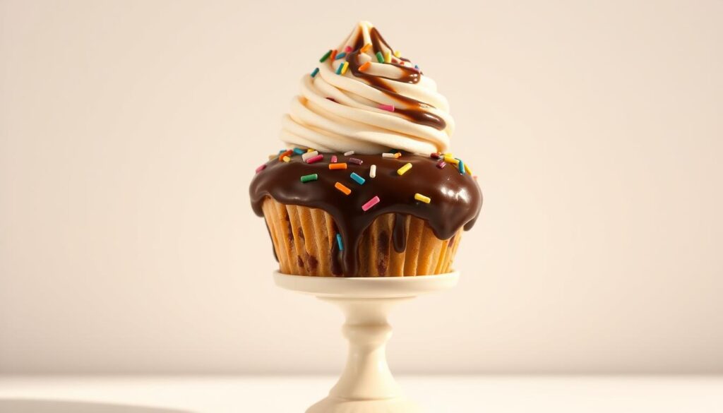 A mouthwatering sundae cupcake sits atop a vintage-style pedestal, its dome-shaped vanilla sponge encased in a swirling chocolate glaze. Sprinkled with rainbow-colored sprinkles and topped with a generous scoop of vanilla ice cream, the cupcake is illuminated by soft, warm lighting, casting gentle shadows that accentuate its delectable details. The background is a simple, clean white, placing the sundae cupcake at the center of attention, inviting the viewer to imagine the satisfying combination of flavors and textures. The overall scene conveys a sense of indulgence, nostalgia, and the perfect balance of sweet and creamy. A mouthwatering sundae cupcake sits atop a vintage-style pedestal, its dome-shaped vanilla sponge encased in a swirling chocolate glaze. Sprinkled with rainbow-colored sprinkles and topped with a generous scoop of vanilla ice cream, the cupcake is illuminated by soft, warm lighting, casting gentle shadows that accentuate its delectable details. The background is a simple, clean white, placing the sundae cupcake at the center of attention, inviting the viewer to imagine the satisfying combination of flavors and textures. The overall scene conveys a sense of indulgence, nostalgia, and the perfect balance of sweet and creamy.