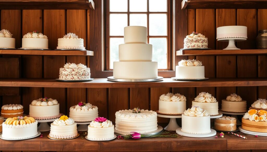 A neatly arranged display of homemade cakes on a rustic wooden shelf, illuminated by warm, natural lighting streaming through a window. The cakes are presented in a variety of shapes and sizes, each adorned with delicate, intricate frosting designs. The middle shelf showcases a towering, three-tiered white cake with a smooth, flawless exterior, hinting at the rich, creamy filling within. Scattered around the cakes are a few decorative accents, such as fresh flowers or sprigs of greenery, adding a touch of elegant simplicity. The overall scene conveys a sense of cozy, homespun charm, perfect for showcasing the results of your labors in the kitchen. A neatly arranged display of homemade cakes on a rustic wooden shelf, illuminated by warm, natural lighting streaming through a window. The cakes are presented in a variety of shapes and sizes, each adorned with delicate, intricate frosting designs. The middle shelf showcases a towering, three-tiered white cake with a smooth, flawless exterior, hinting at the rich, creamy filling within. Scattered around the cakes are a few decorative accents, such as fresh flowers or sprigs of greenery, adding a touch of elegant simplicity. The overall scene conveys a sense of cozy, homespun charm, perfect for showcasing the results of your labors in the kitchen.