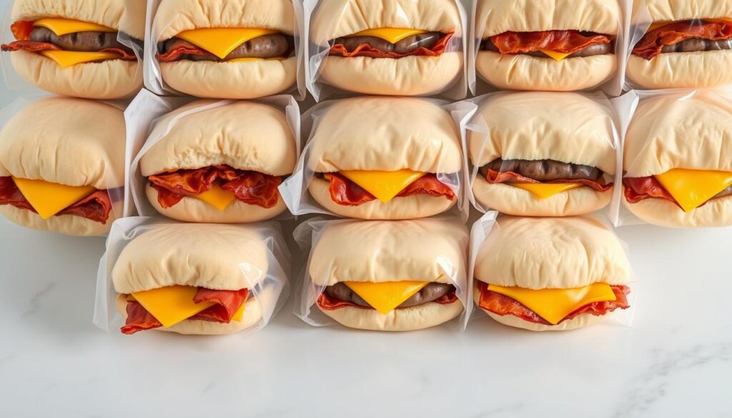 A neatly arranged grid of frozen breakfast sandwiches, each wrapped in a translucent packaging, resting on a clean, reflective surface. The sandwiches feature fluffy, light-colored biscuits or English muffins, filled with savory sausage, crisp bacon, melted cheese, and perhaps a runny egg yolk. The lighting is soft and diffused, creating subtle shadows and highlights that accentuate the textures and colors. The overall composition conveys a sense of appetizing simplicity, perfect for a quick and satisfying morning meal. A neatly arranged grid of frozen breakfast sandwiches, each wrapped in a translucent packaging, resting on a clean, reflective surface. The sandwiches feature fluffy, light-colored biscuits or English muffins, filled with savory sausage, crisp bacon, melted cheese, and perhaps a runny egg yolk. The lighting is soft and diffused, creating subtle shadows and highlights that accentuate the textures and colors. The overall composition conveys a sense of appetizing simplicity, perfect for a quick and satisfying morning meal.