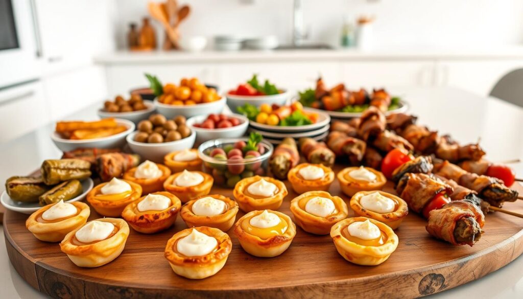 A neatly arranged spread of delectable hors d'oeuvres on a wooden serving board. In the foreground, bite-sized cheesy thumbprint appetizers with a golden crust and a dollop of creamy filling. Surrounding them, artfully presented easy-to-prepare nibbles such as stuffed grape leaves, bacon-wrapped dates, and roasted vegetable skewers. Warm, ambient lighting casts a soft glow, highlighting the textures and colors of the appetizers. The middle ground features a selection of small plates, bowls, and serving utensils, creating a visually appealing and organized composition. In the background, a minimalist kitchen setting with clean, white surfaces provides a simple, uncluttered backdrop, allowing the focus to remain on the delectable hors d'oeuvres. A neatly arranged spread of delectable hors d'oeuvres on a wooden serving board. In the foreground, bite-sized cheesy thumbprint appetizers with a golden crust and a dollop of creamy filling. Surrounding them, artfully presented easy-to-prepare nibbles such as stuffed grape leaves, bacon-wrapped dates, and roasted vegetable skewers. Warm, ambient lighting casts a soft glow, highlighting the textures and colors of the appetizers. The middle ground features a selection of small plates, bowls, and serving utensils, creating a visually appealing and organized composition. In the background, a minimalist kitchen setting with clean, white surfaces provides a simple, uncluttered backdrop, allowing the focus to remain on the delectable hors d'oeuvres.