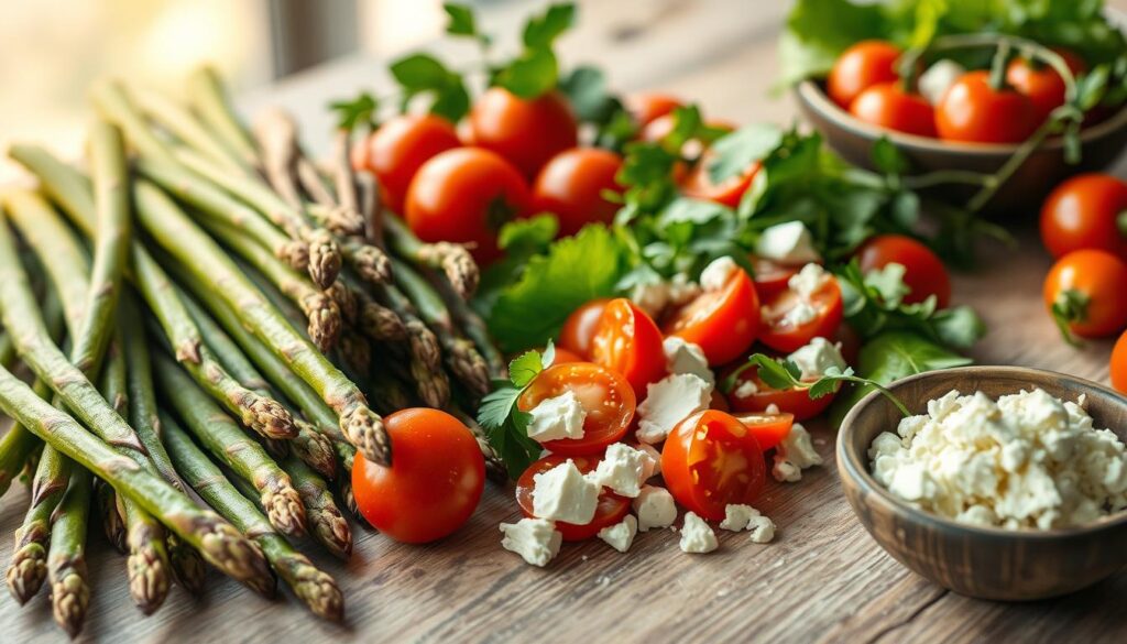 A neatly arranged table showcases a variety of fresh salad ingredients, including vibrant green asparagus spears, juicy red tomatoes, and crumbled feta cheese. The lighting is soft and natural, casting a warm glow on the scene. The camera angle is slightly elevated, allowing the viewer to see the full composition of the salad components. The atmosphere is fresh and inviting, capturing the essence of a simple yet delectable summer dish. The overall mood is one of simplicity and culinary delight. A neatly arranged table showcases a variety of fresh salad ingredients, including vibrant green asparagus spears, juicy red tomatoes, and crumbled feta cheese. The lighting is soft and natural, casting a warm glow on the scene. The camera angle is slightly elevated, allowing the viewer to see the full composition of the salad components. The atmosphere is fresh and inviting, capturing the essence of a simple yet delectable summer dish. The overall mood is one of simplicity and culinary delight.