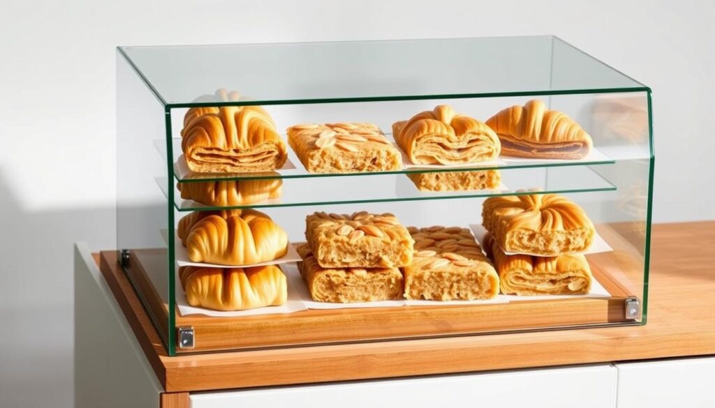A neatly organized glass display case showcases a selection of freshly baked almond croissant blondies. The golden-brown pastries shine under the soft, warm lighting, their flaky crusts and buttery interiors inviting the viewer to imagine their rich, nutty flavor. The case is positioned atop a clean, modern wooden surface, with a simple white backdrop emphasizing the delectable treats. The overall scene exudes a sense of temptation and culinary delight, perfectly capturing the essence of "Storing Your Almond Croissant Blondies" for the article. A neatly organized glass display case showcases a selection of freshly baked almond croissant blondies. The golden-brown pastries shine under the soft, warm lighting, their flaky crusts and buttery interiors inviting the viewer to imagine their rich, nutty flavor. The case is positioned atop a clean, modern wooden surface, with a simple white backdrop emphasizing the delectable treats. The overall scene exudes a sense of temptation and culinary delight, perfectly capturing the essence of "Storing Your Almond Croissant Blondies" for the article.