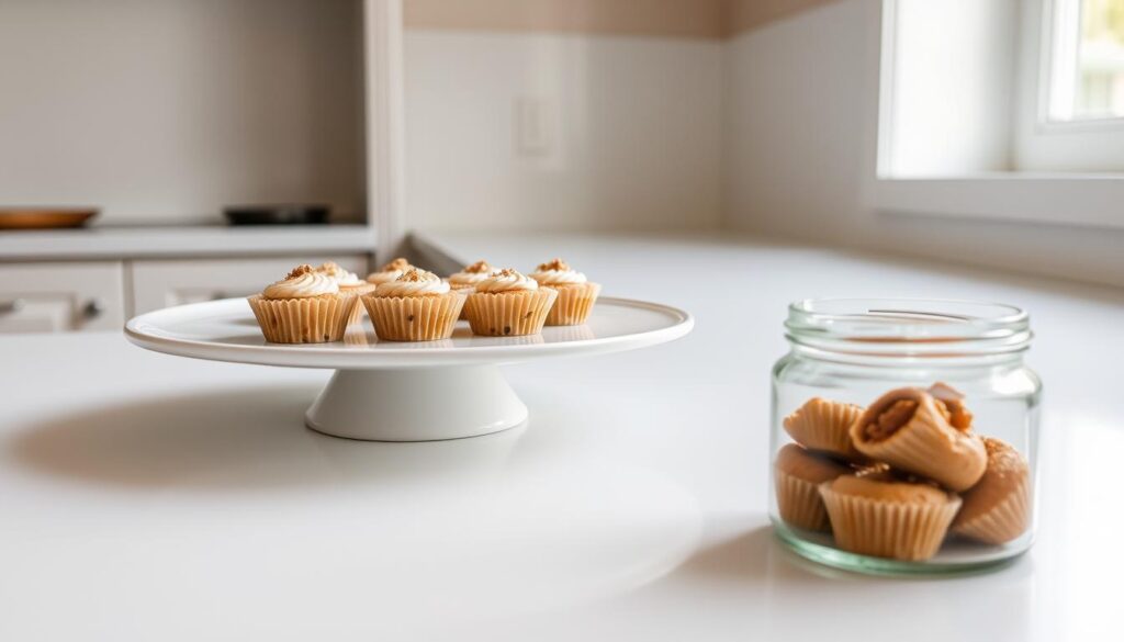 A pristine kitchen counter, its smooth surface dimly lit by soft natural light filtering through a nearby window. Atop the counter, a row of delicate cannoli cupcakes rests on a clean white platter, their crisp shells glistening and their rich filling peeking out temptingly. Beside the platter, a clear glass jar stands ready to receive the leftover cupcakes, its lid slightly ajar to allow the contents to breathe. The scene conveys a sense of careful preparation and attention to preserving the integrity of these decadent treats, ready to be enjoyed later. A pristine kitchen counter, its smooth surface dimly lit by soft natural light filtering through a nearby window. Atop the counter, a row of delicate cannoli cupcakes rests on a clean white platter, their crisp shells glistening and their rich filling peeking out temptingly. Beside the platter, a clear glass jar stands ready to receive the leftover cupcakes, its lid slightly ajar to allow the contents to breathe. The scene conveys a sense of careful preparation and attention to preserving the integrity of these decadent treats, ready to be enjoyed later.