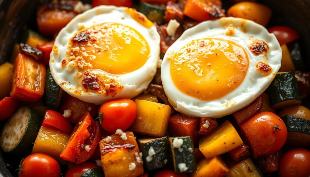 A rustic, artfully arranged composition of baked feta eggs nestled among sautéed vegetables. The eggs, with their golden-brown tops, sit atop a bed of roasted bell peppers, zucchini, and cherry tomatoes, their vibrant colors complementing the creamy white cheese. Soft, natural lighting illuminates the scene, casting gentle shadows and highlighting the dish's textures. The image exudes a sense of simple, wholesome elegance, inviting the viewer to savor the flavors of this delightful breakfast creation. A rustic, artfully arranged composition of baked feta eggs nestled among sautéed vegetables. The eggs, with their golden-brown tops, sit atop a bed of roasted bell peppers, zucchini, and cherry tomatoes, their vibrant colors complementing the creamy white cheese. Soft, natural lighting illuminates the scene, casting gentle shadows and highlighting the dish's textures. The image exudes a sense of simple, wholesome elegance, inviting the viewer to savor the flavors of this delightful breakfast creation.
