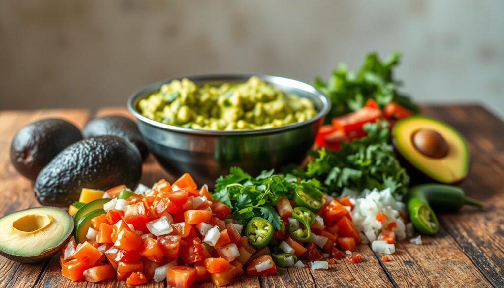 A rustic wooden table is adorned with a vibrant array of fresh Mexican ingredients, meticulously arranged to create the perfect guacamole mix-ins. In the foreground, ripe avocados, diced tomatoes, and finely chopped onions, cilantro, and jalapeños are neatly grouped, their colors and textures complementing each other. The middle ground features a stainless steel bowl filled with a creamy, slightly chunky guacamole, ready to be enhanced by the mix-ins. In the background, a neutral, soft-lit environment allows the vibrant hues of the ingredients to take center stage, conveying a sense of authenticity and homemade craftsmanship. The lighting is natural and diffused, casting gentle shadows and highlights to accentuate the textures and details of the components. The overall composition is balanced, with a focus on the harmonious blend of ingredients, evoking the essence of authentic Mexican guacamole. A rustic wooden table is adorned with a vibrant array of fresh Mexican ingredients, meticulously arranged to create the perfect guacamole mix-ins. In the foreground, ripe avocados, diced tomatoes, and finely chopped onions, cilantro, and jalapeños are neatly grouped, their colors and textures complementing each other. The middle ground features a stainless steel bowl filled with a creamy, slightly chunky guacamole, ready to be enhanced by the mix-ins. In the background, a neutral, soft-lit environment allows the vibrant hues of the ingredients to take center stage, conveying a sense of authenticity and homemade craftsmanship. The lighting is natural and diffused, casting gentle shadows and highlights to accentuate the textures and details of the components. The overall composition is balanced, with a focus on the harmonious blend of ingredients, evoking the essence of authentic Mexican guacamole.