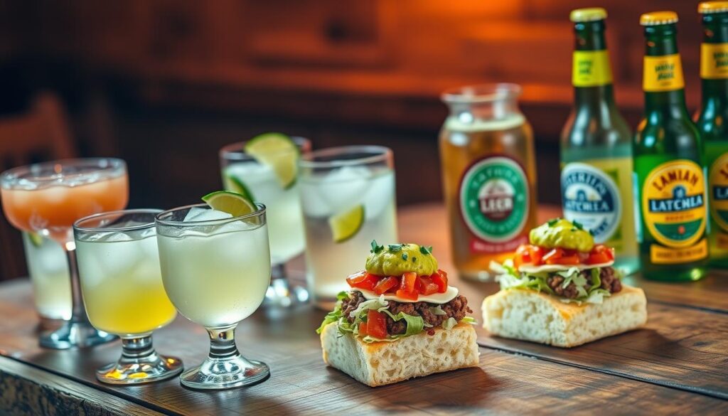 A rustic wooden table is set with a trio of miniature taco sliders, each topped with a perfect blend of seasoned ground beef, shredded lettuce, diced tomatoes, and a dollop of creamy guacamole. Beside the sliders, an assortment of refreshing drinks is arranged, including frosty margaritas in stemmed glasses, a pitcher of tangy limeade, and chilled bottles of Mexican-style lager. Warm, soft lighting casts a cozy glow, highlighting the vibrant colors and textures of the scene. The overall atmosphere evokes a casual, convivial gathering, perfectly complementing the theme of "Pairing Drinks with Taco Sliders". A rustic wooden table is set with a trio of miniature taco sliders, each topped with a perfect blend of seasoned ground beef, shredded lettuce, diced tomatoes, and a dollop of creamy guacamole. Beside the sliders, an assortment of refreshing drinks is arranged, including frosty margaritas in stemmed glasses, a pitcher of tangy limeade, and chilled bottles of Mexican-style lager. Warm, soft lighting casts a cozy glow, highlighting the vibrant colors and textures of the scene. The overall atmosphere evokes a casual, convivial gathering, perfectly complementing the theme of "Pairing Drinks with Taco Sliders".