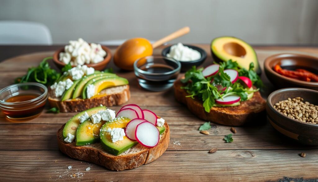 A rustic wooden table set with an artfully arranged assortment of avocado toast accompaniments. In the foreground, slices of ripe avocado, drizzled with fragrant olive oil and sprinkled with sea salt, sit atop a slice of crusty sourdough bread. Surrounding the toast, a variety of toppings including crumbled feta, thinly sliced radishes, microgreens, and toasted sunflower seeds. In the middle ground, small bowls hold condiments like honey, balsamic glaze, and crushed red pepper flakes. The background features a neutral, natural-toned wall, creating a cozy, inviting atmosphere with soft, diffused lighting that highlights the vibrant colors and textures of the ingredients. A rustic wooden table set with an artfully arranged assortment of avocado toast accompaniments. In the foreground, slices of ripe avocado, drizzled with fragrant olive oil and sprinkled with sea salt, sit atop a slice of crusty sourdough bread. Surrounding the toast, a variety of toppings including crumbled feta, thinly sliced radishes, microgreens, and toasted sunflower seeds. In the middle ground, small bowls hold condiments like honey, balsamic glaze, and crushed red pepper flakes. The background features a neutral, natural-toned wall, creating a cozy, inviting atmosphere with soft, diffused lighting that highlights the vibrant colors and textures of the ingredients.