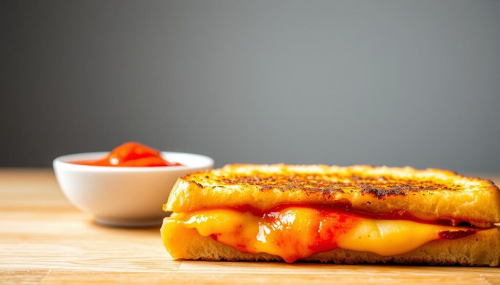 A scrumptious pizza grilled cheese sandwich in the foreground, golden-brown with melted cheese oozing from the edges. Crisp, buttery bread provides a delightful contrast to the gooey interior. In the middle ground, a small bowl of rich, tangy tomato dipping sauce, its vibrant hue beckoning to be dipped and savored. Soft lighting from above casts a warm glow, highlighting the inviting textures. The background is a clean, minimalist setting, allowing the delectable sandwich to take center stage. Captured with a high-quality, close-up lens to draw the viewer's attention to every mouthwatering detail. A scrumptious pizza grilled cheese sandwich in the foreground, golden-brown with melted cheese oozing from the edges. Crisp, buttery bread provides a delightful contrast to the gooey interior. In the middle ground, a small bowl of rich, tangy tomato dipping sauce, its vibrant hue beckoning to be dipped and savored. Soft lighting from above casts a warm glow, highlighting the inviting textures. The background is a clean, minimalist setting, allowing the delectable sandwich to take center stage. Captured with a high-quality, close-up lens to draw the viewer's attention to every mouthwatering detail.