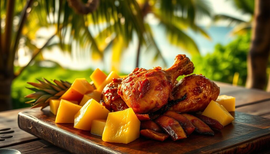 A slow-cooked Hawaiian chicken dish rests on a rustic wooden table, its golden-brown skin glistening under soft, warm lighting. The tender meat falls off the bone effortlessly, accompanied by a vibrant array of tropical fruits, such as pineapple and mango, arranged artfully around the plate. The aroma of smoky barbecue and sweet caramelized onions fills the air, creating a cozy, inviting atmosphere. In the background, a lush, verdant landscape with swaying palm trees and a glimpse of a sun-dappled ocean horizon sets the scene for this mouthwatering culinary journey. A slow-cooked Hawaiian chicken dish rests on a rustic wooden table, its golden-brown skin glistening under soft, warm lighting. The tender meat falls off the bone effortlessly, accompanied by a vibrant array of tropical fruits, such as pineapple and mango, arranged artfully around the plate. The aroma of smoky barbecue and sweet caramelized onions fills the air, creating a cozy, inviting atmosphere. In the background, a lush, verdant landscape with swaying palm trees and a glimpse of a sun-dappled ocean horizon sets the scene for this mouthwatering culinary journey.