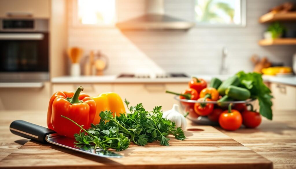A spacious modern kitchen bathed in warm, natural lighting. In the foreground, a wooden cutting board showcases carefully arranged cooking tools - a sharp chef's knife, a sturdy spatula, and a colorful assortment of fresh herbs. In the middle ground, a bowl of vibrant vegetables - crisp bell peppers, plump tomatoes, and fragrant garlic cloves - sits ready for preparation. The background features sleek stainless steel appliances and a subway tile backsplash, creating a clean, organized atmosphere. The overall scene conveys a sense of culinary expertise and attention to detail, embodying the "Common Mistakes to Avoid" theme. A spacious modern kitchen bathed in warm, natural lighting. In the foreground, a wooden cutting board showcases carefully arranged cooking tools - a sharp chef's knife, a sturdy spatula, and a colorful assortment of fresh herbs. In the middle ground, a bowl of vibrant vegetables - crisp bell peppers, plump tomatoes, and fragrant garlic cloves - sits ready for preparation. The background features sleek stainless steel appliances and a subway tile backsplash, creating a clean, organized atmosphere. The overall scene conveys a sense of culinary expertise and attention to detail, embodying the "Common Mistakes to Avoid" theme.